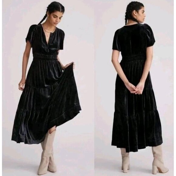 Anthropologie Somerset Maxi Dress Flutter Sleeve Smocked Waist Black Velvet XS - Picture 1 of 7